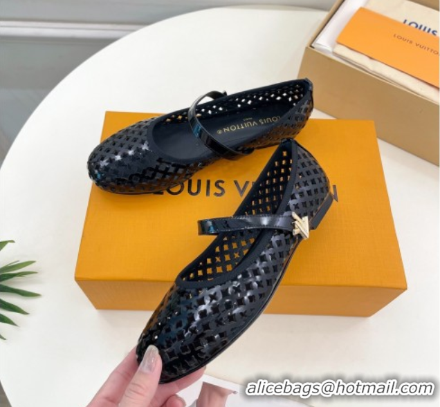 Sumptuous Louis Vuitton Romy Flat Ballerinas in Monogram Perforated Patent Leather Black 2025 1AGVES 50422174