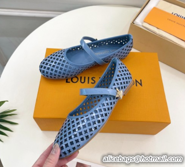 Leisure Louis Vuitton Romy Flat Ballerinas in Monogram Perforated Patent Leather Blue 2025 1AGVES 0422175