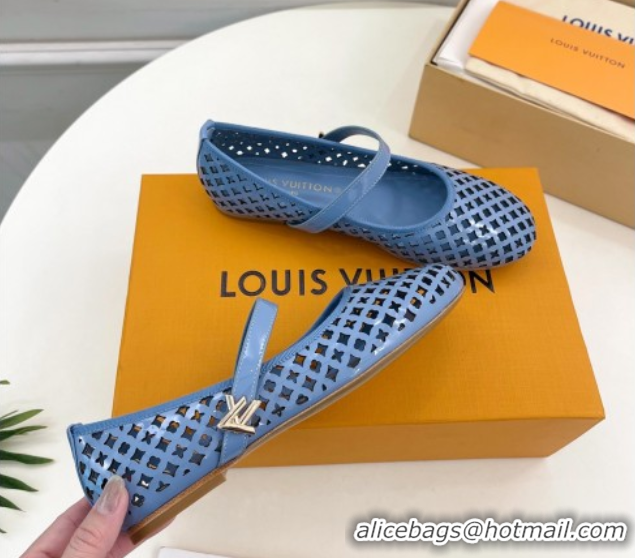 Leisure Louis Vuitton Romy Flat Ballerinas in Monogram Perforated Patent Leather Blue 2025 1AGVES 0422175