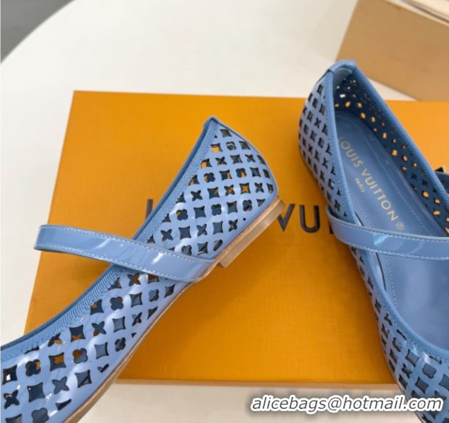 Leisure Louis Vuitton Romy Flat Ballerinas in Monogram Perforated Patent Leather Blue 2025 1AGVES 0422175