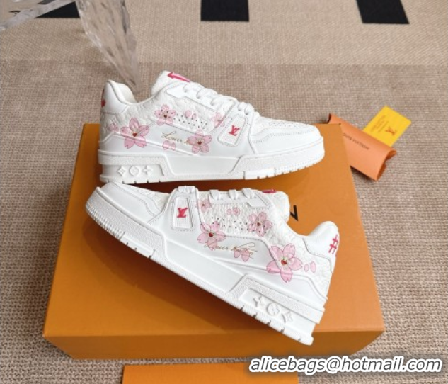 Good Quality Louis Vuitton LV x TM Trainer Sneakers in Monogram Leather with Cherry Bloom Print White/Pink 0422179
