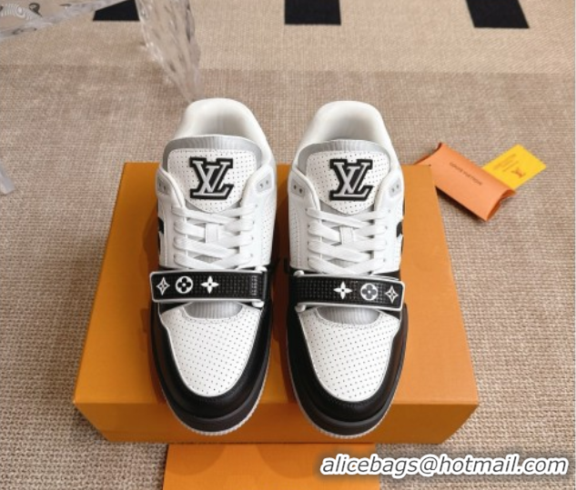 Best Grade Louis Vuitton LV Trainer Sneakers in Perforated Leather with Velcro Strap Black 2025 1AHTDF 0422180