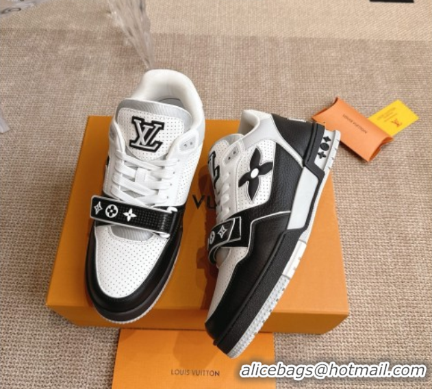 Best Grade Louis Vuitton LV Trainer Sneakers in Perforated Leather with Velcro Strap Black 2025 1AHTDF 0422180