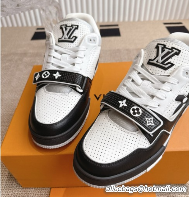 Best Grade Louis Vuitton LV Trainer Sneakers in Perforated Leather with Velcro Strap Black 2025 1AHTDF 0422180