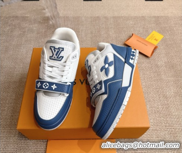 Shop Cheap Louis Vuitton LV Trainer Sneakers in Perforated Leather with Velcro Strap Blue 2025 1AHTDF 0422181