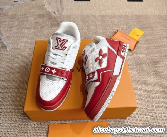 Unique Style Louis Vuitton LV Trainer Sneakers in Perforated Leather with Velcro Strap Red 2025 1AHTDF 0422182