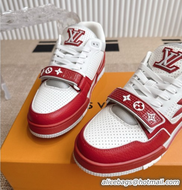 Unique Style Louis Vuitton LV Trainer Sneakers in Perforated Leather with Velcro Strap Red 2025 1AHTDF 0422182