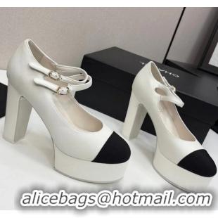 ​Super Quality Chanel Mary Janes Platform Lambskin And Grosgrain Heel 130cm G46434 Ivory/Black 2025