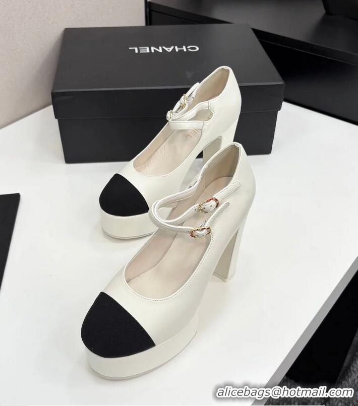​Super Quality Chanel Mary Janes Platform Lambskin And Grosgrain Heel 130cm G46434 Ivory/Black 2025