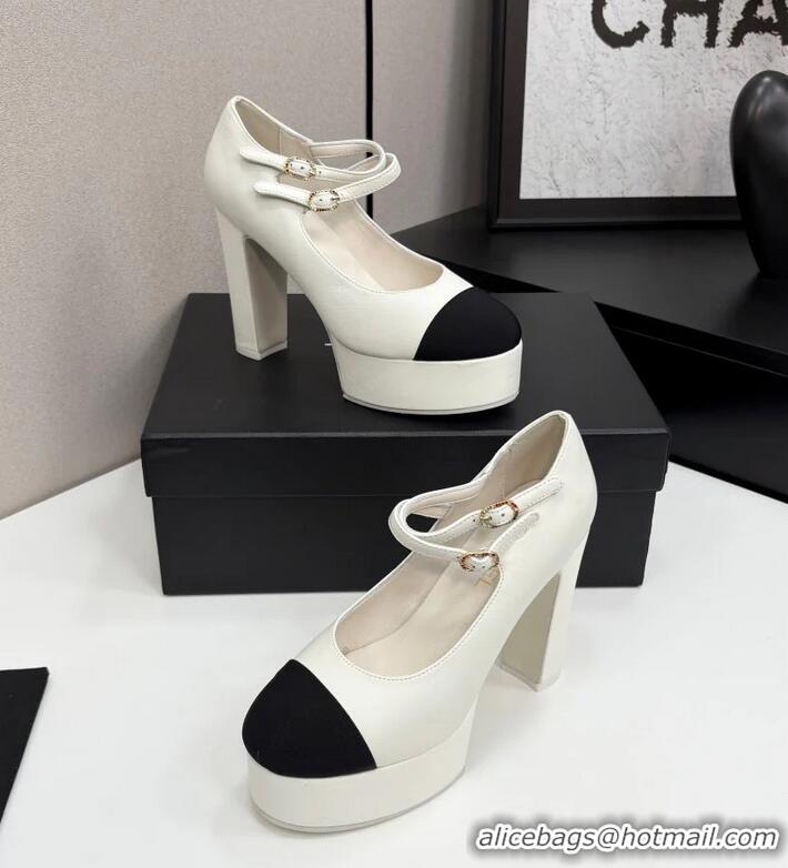 ​Super Quality Chanel Mary Janes Platform Lambskin And Grosgrain Heel 130cm G46434 Ivory/Black 2025