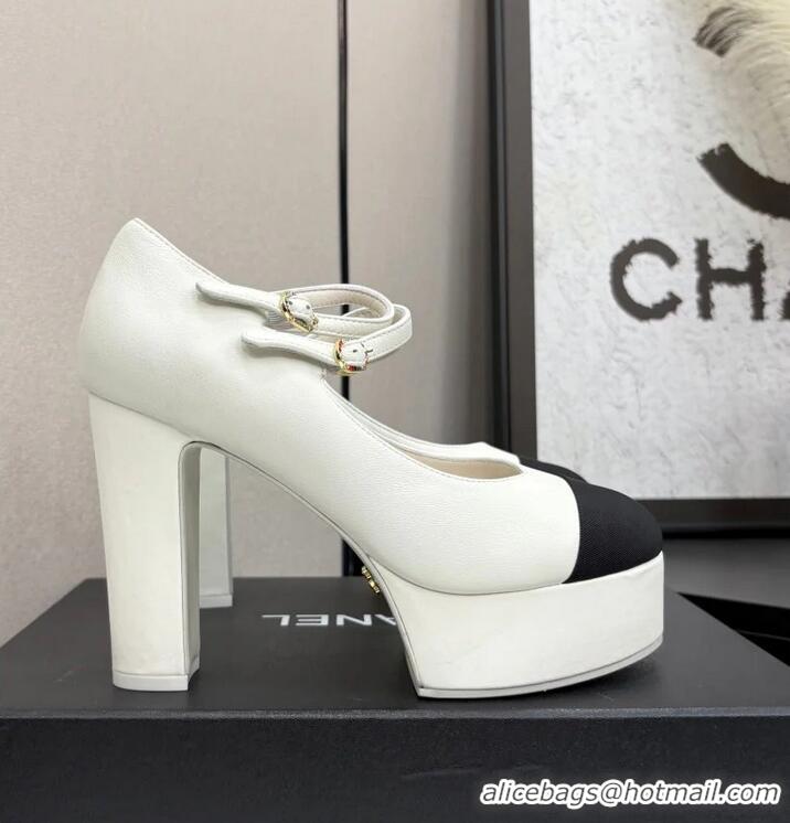 ​Super Quality Chanel Mary Janes Platform Lambskin And Grosgrain Heel 130cm G46434 Ivory/Black 2025