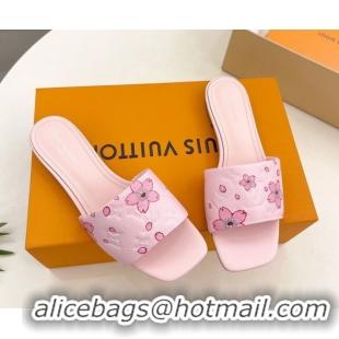 Fashion Louis Vuitton Neo Revival Flat Slides Sandal in Monogram Leather with Cherry Bloom Print Pink 0607004