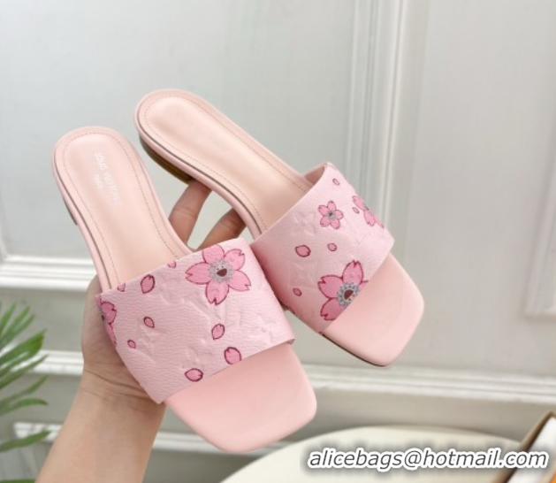 Fashion Louis Vuitton Neo Revival Flat Slides Sandal in Monogram Leather with Cherry Bloom Print Pink 0607004
