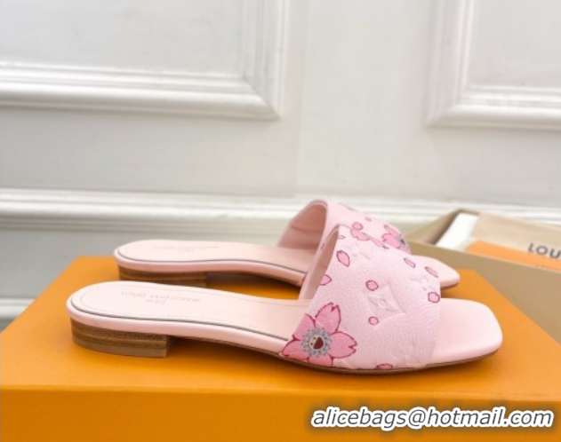 Fashion Louis Vuitton Neo Revival Flat Slides Sandal in Monogram Leather with Cherry Bloom Print Pink 0607004