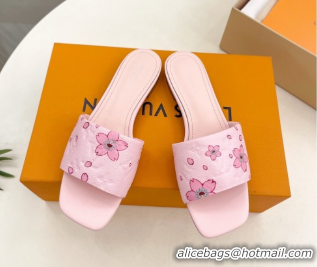 Fashion Louis Vuitton Neo Revival Flat Slides Sandal in Monogram Leather with Cherry Bloom Print Pink 0607004