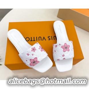 Popular Style Louis Vuitton Neo Revival Flat Slides Sandal in Monogram Leather with Cherry Bloom Print White 0607005