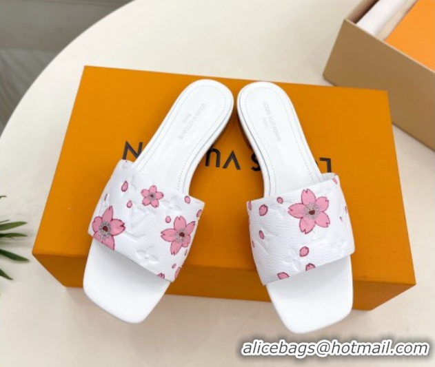 Popular Style Louis Vuitton Neo Revival Flat Slides Sandal in Monogram Leather with Cherry Bloom Print White 0607005