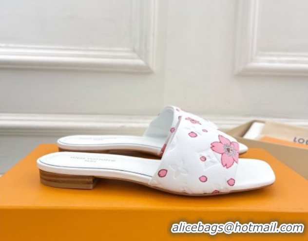 Popular Style Louis Vuitton Neo Revival Flat Slides Sandal in Monogram Leather with Cherry Bloom Print White 0607005