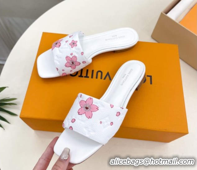 Popular Style Louis Vuitton Neo Revival Flat Slides Sandal in Monogram Leather with Cherry Bloom Print White 0607005