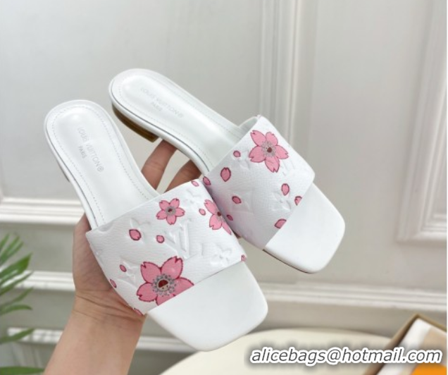 Popular Style Louis Vuitton Neo Revival Flat Slides Sandal in Monogram Leather with Cherry Bloom Print White 0607005
