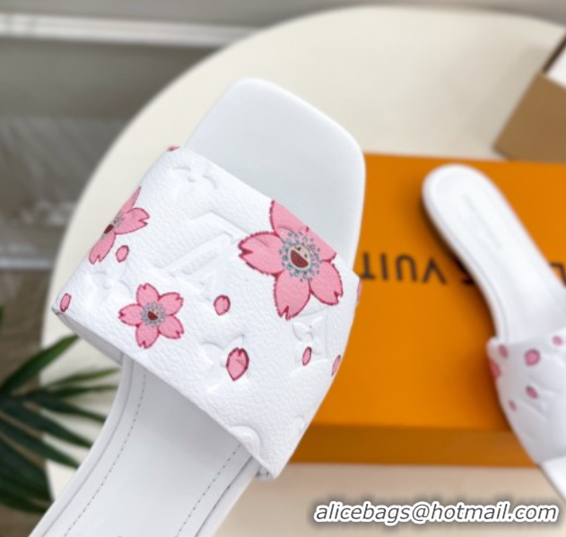 Popular Style Louis Vuitton Neo Revival Flat Slides Sandal in Monogram Leather with Cherry Bloom Print White 0607005