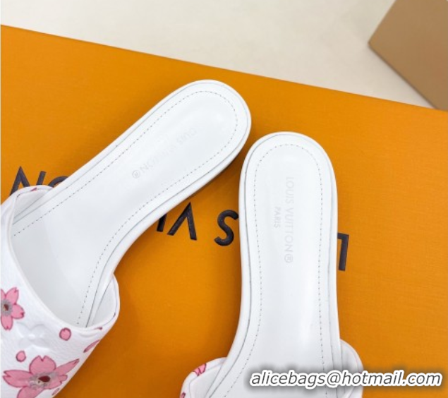 Popular Style Louis Vuitton Neo Revival Flat Slides Sandal in Monogram Leather with Cherry Bloom Print White 0607005