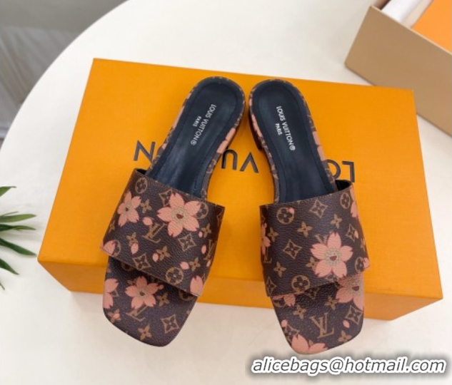 Lower Price Louis Vuitton Neo Revival Flat Slides Sandal in Monogram Canvas with Cherry Bloom Print 0607006