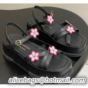 Good Product Louis Vuitton Maya Flatform Sandals 5cm in Leather with Cherry Bloom Charm Black 50607007
