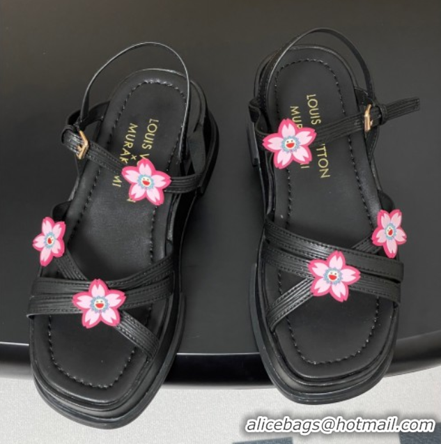 Good Product Louis Vuitton Maya Flatform Sandals 5cm in Leather with Cherry Bloom Charm Black 50607007