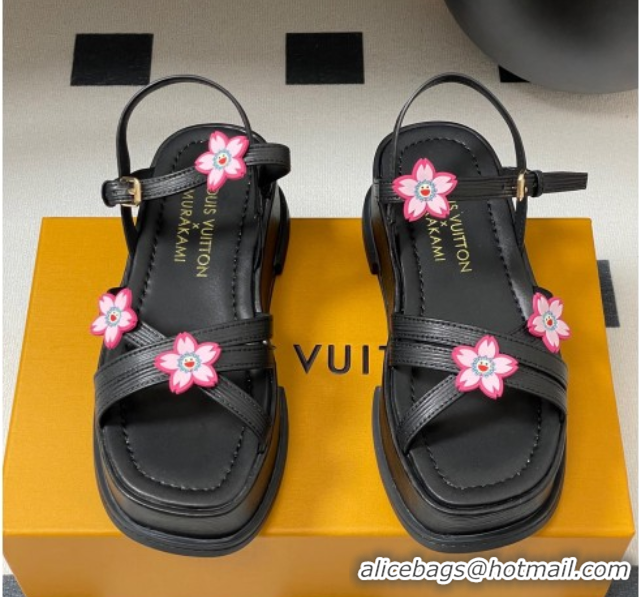 Good Product Louis Vuitton Maya Flatform Sandals 5cm in Leather with Cherry Bloom Charm Black 50607007