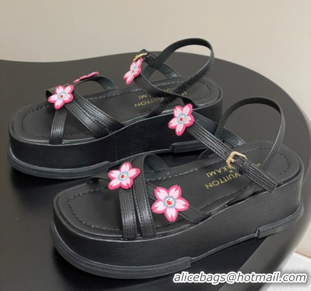 Good Product Louis Vuitton Maya Flatform Sandals 5cm in Leather with Cherry Bloom Charm Black 50607007