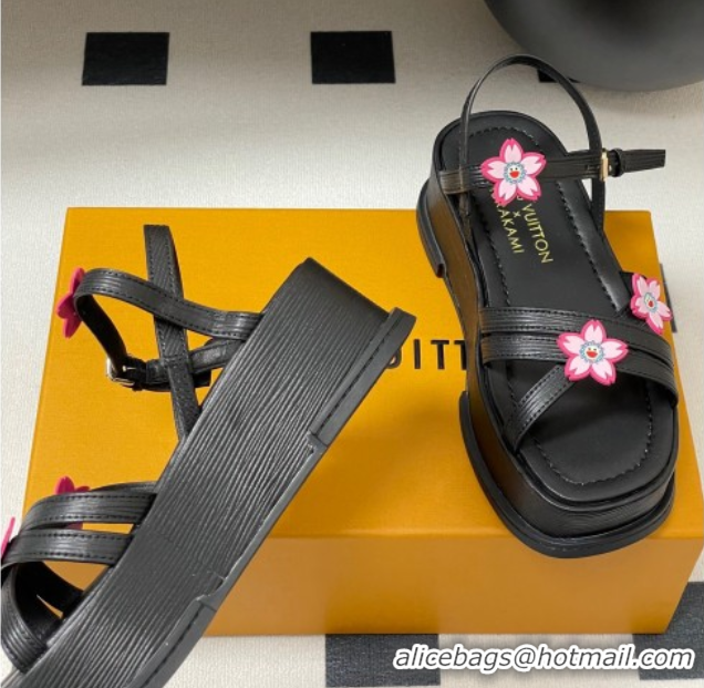 Good Product Louis Vuitton Maya Flatform Sandals 5cm in Leather with Cherry Bloom Charm Black 50607007