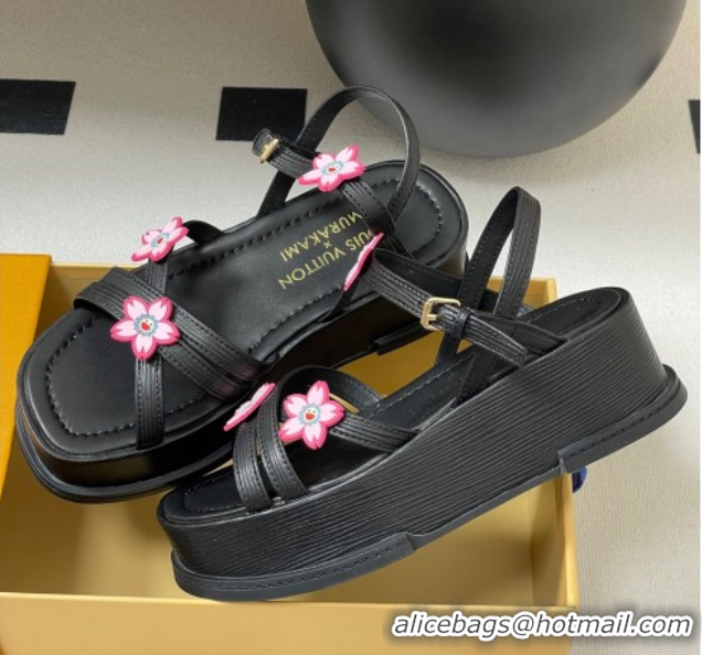 Good Product Louis Vuitton Maya Flatform Sandals 5cm in Leather with Cherry Bloom Charm Black 50607007