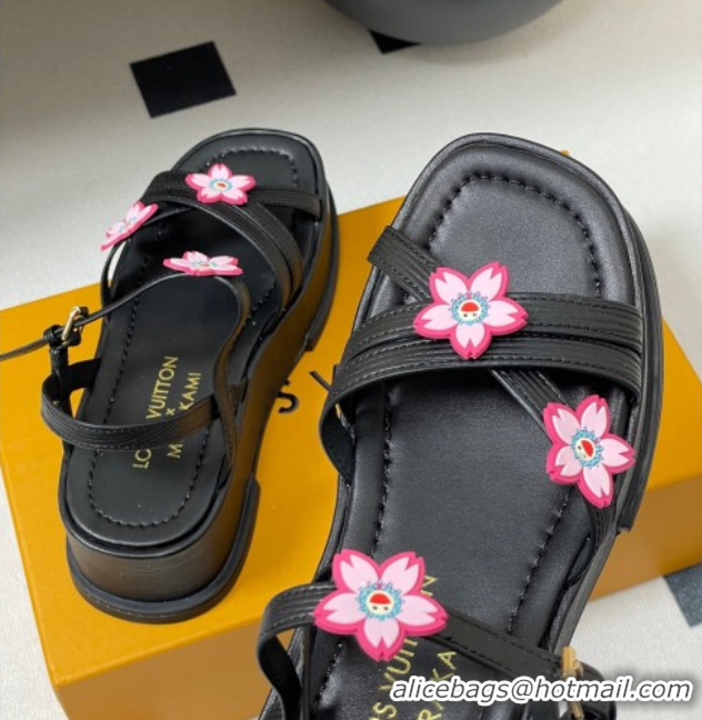 Good Product Louis Vuitton Maya Flatform Sandals 5cm in Leather with Cherry Bloom Charm Black 50607007