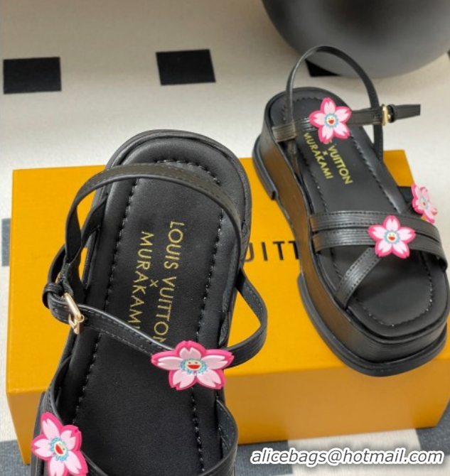 Good Product Louis Vuitton Maya Flatform Sandals 5cm in Leather with Cherry Bloom Charm Black 50607007