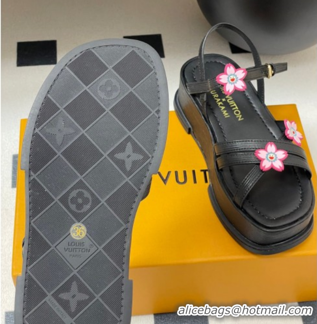 Good Product Louis Vuitton Maya Flatform Sandals 5cm in Leather with Cherry Bloom Charm Black 50607007