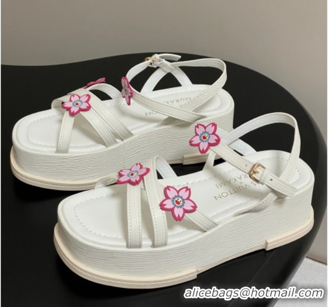 Top Grade Louis Vuitton Maya Flatform Sandals 5cm in Leather with Cherry Bloom Charm White 0607008