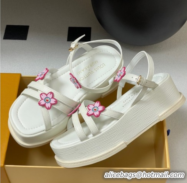 Top Grade Louis Vuitton Maya Flatform Sandals 5cm in Leather with Cherry Bloom Charm White 0607008