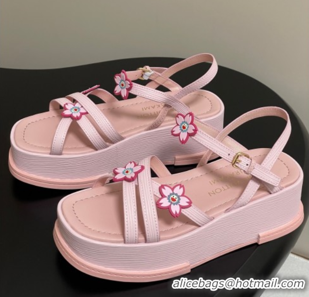 Good Quality Louis Vuitton Maya Flatform Sandals 5cm in Leather with Cherry Bloom Charm Pink 0607009