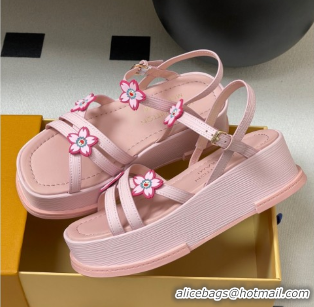 Good Quality Louis Vuitton Maya Flatform Sandals 5cm in Leather with Cherry Bloom Charm Pink 0607009