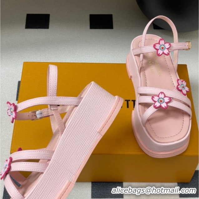 Good Quality Louis Vuitton Maya Flatform Sandals 5cm in Leather with Cherry Bloom Charm Pink 0607009