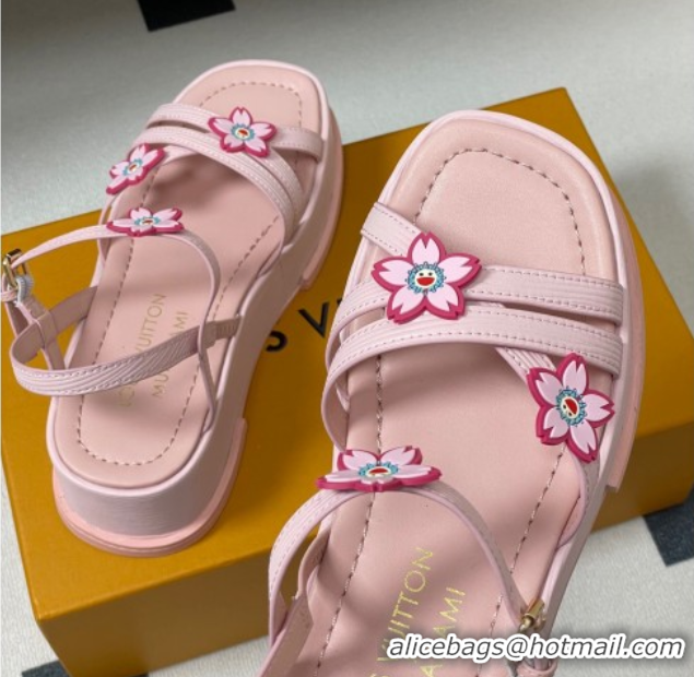 Good Quality Louis Vuitton Maya Flatform Sandals 5cm in Leather with Cherry Bloom Charm Pink 0607009