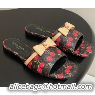 Top Design Louis Vuitton LV x TM Neo 6AM Flat Slides Sandal in Leather with Luscious Cherry and Bow Black 0607010