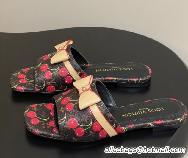 Top Design Louis Vuitton LV x TM Neo 6AM Flat Slides Sandal in Leather with Luscious Cherry and Bow Black 0607010