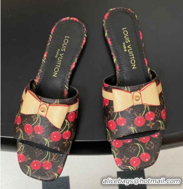 Top Design Louis Vuitton LV x TM Neo 6AM Flat Slides Sandal in Leather with Luscious Cherry and Bow Black 0607010