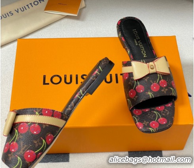 Top Design Louis Vuitton LV x TM Neo 6AM Flat Slides Sandal in Leather with Luscious Cherry and Bow Black 0607010