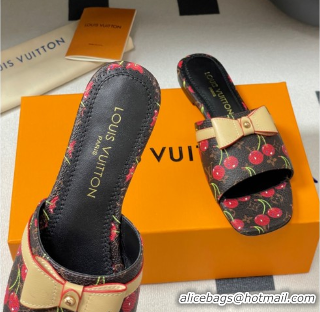 Top Design Louis Vuitton LV x TM Neo 6AM Flat Slides Sandal in Leather with Luscious Cherry and Bow Black 0607010