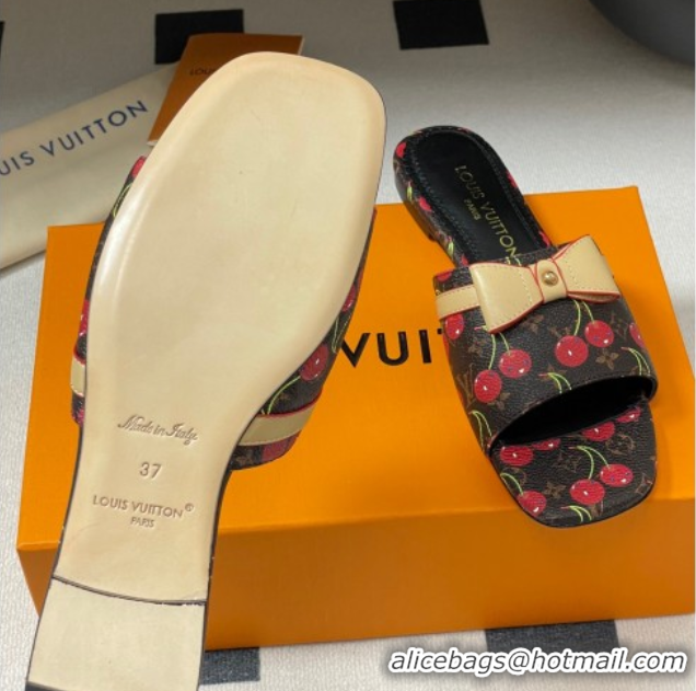 Top Design Louis Vuitton LV x TM Neo 6AM Flat Slides Sandal in Leather with Luscious Cherry and Bow Black 0607010