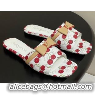 Charming Louis Vuitton LV x TM Neo 6AM Flat Slides Sandal in Leather with Luscious Cherry and Bow White 0607011