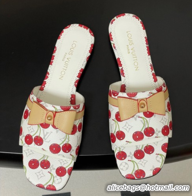 Charming Louis Vuitton LV x TM Neo 6AM Flat Slides Sandal in Leather with Luscious Cherry and Bow White 0607011